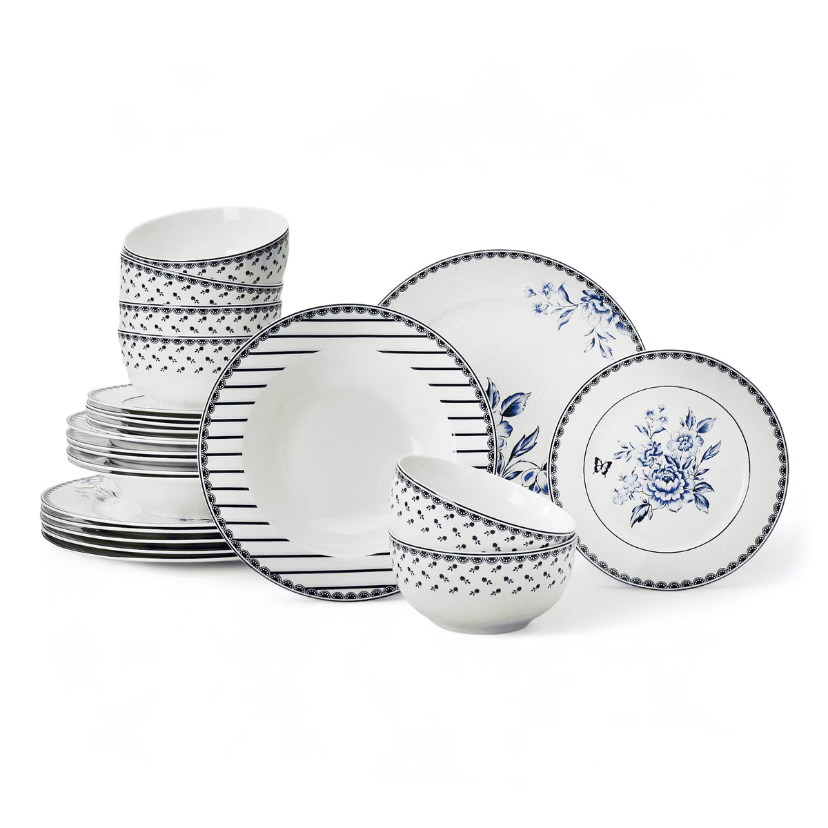 STP GOODS Melodie de Fleurs Bone China Dinnerware Set of 24 Service for 6 24-Piece Dish Set of Plates and Bowls, Blue Gold White