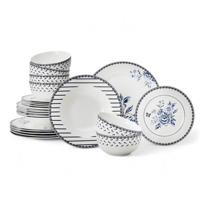 STP GOODS Melodie de Fleurs Bone China Dinnerware Set of 24 Service for 6 24-Piece Dish Set of Plates and Bowls, Blue Gold White