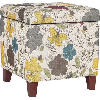 Homebeez Printed Linen Cube Storage Ottoman with Solid Wood Legs, Cube Footstool, Storage Cabinet, 18" H Weight Capacity 300LB Blue