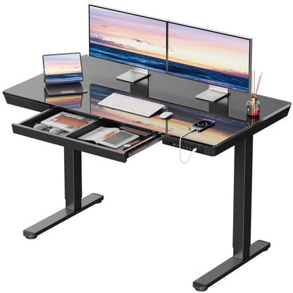 CHITOOMA Glass Top Electric Standing Desk with Drawer, 48'' x 24'' Electric Height Adjustable Desk with USB Charging Ports, Sit Stand up for Home Office