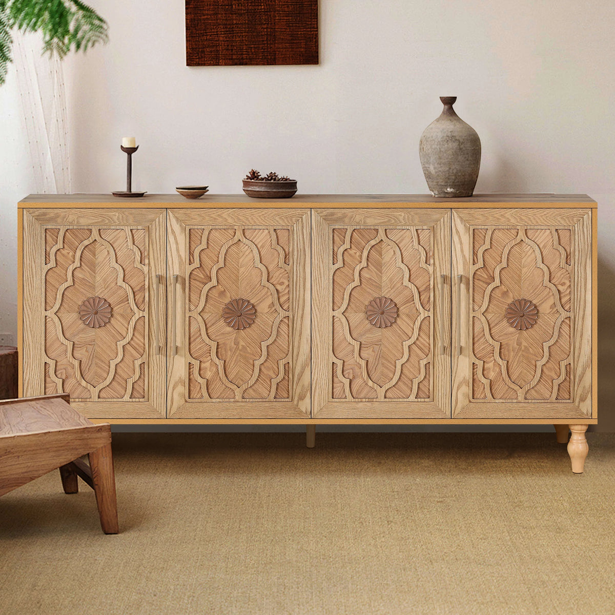 Aukfa 63" Large Accent Storage Cabinet TV Stand with Carved Door for Living Room,Entryway,Natural