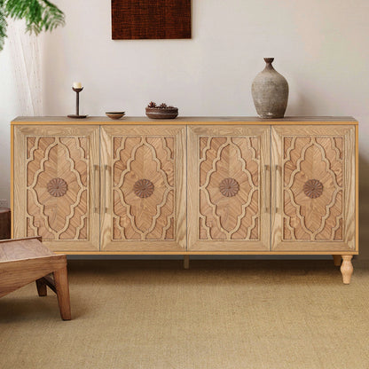 Aukfa 63" Large Accent Storage Cabinet TV Stand with Carved Door for Living Room,Entryway,Natural