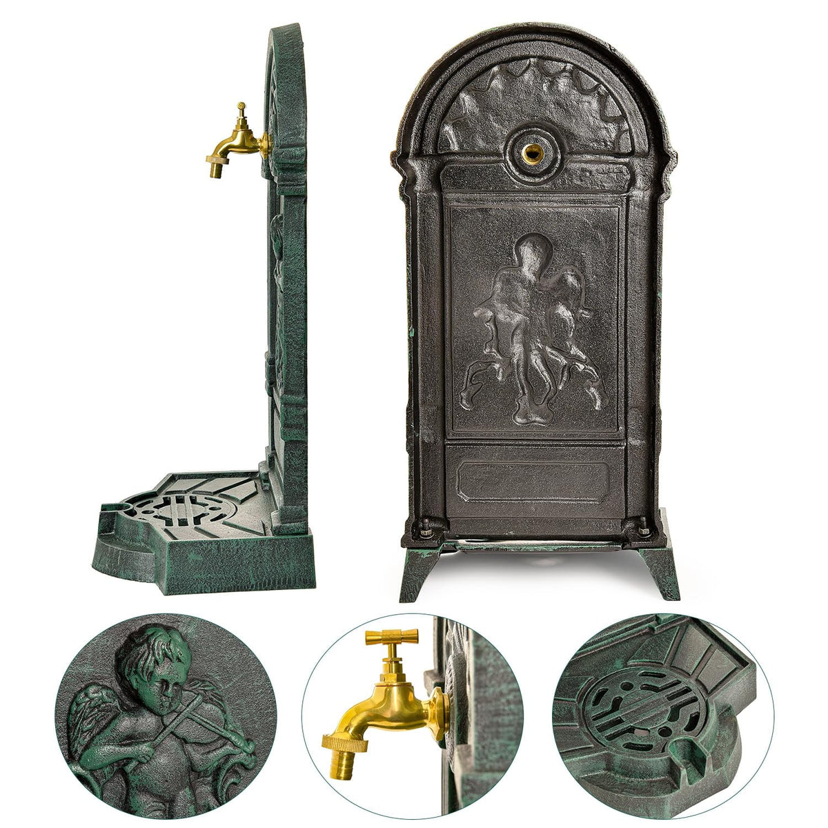 Sungmor Cast Iron Outdoor Water Column with Faucet, Freestanding Floor Farm Yard Decor, Green, 1 Count