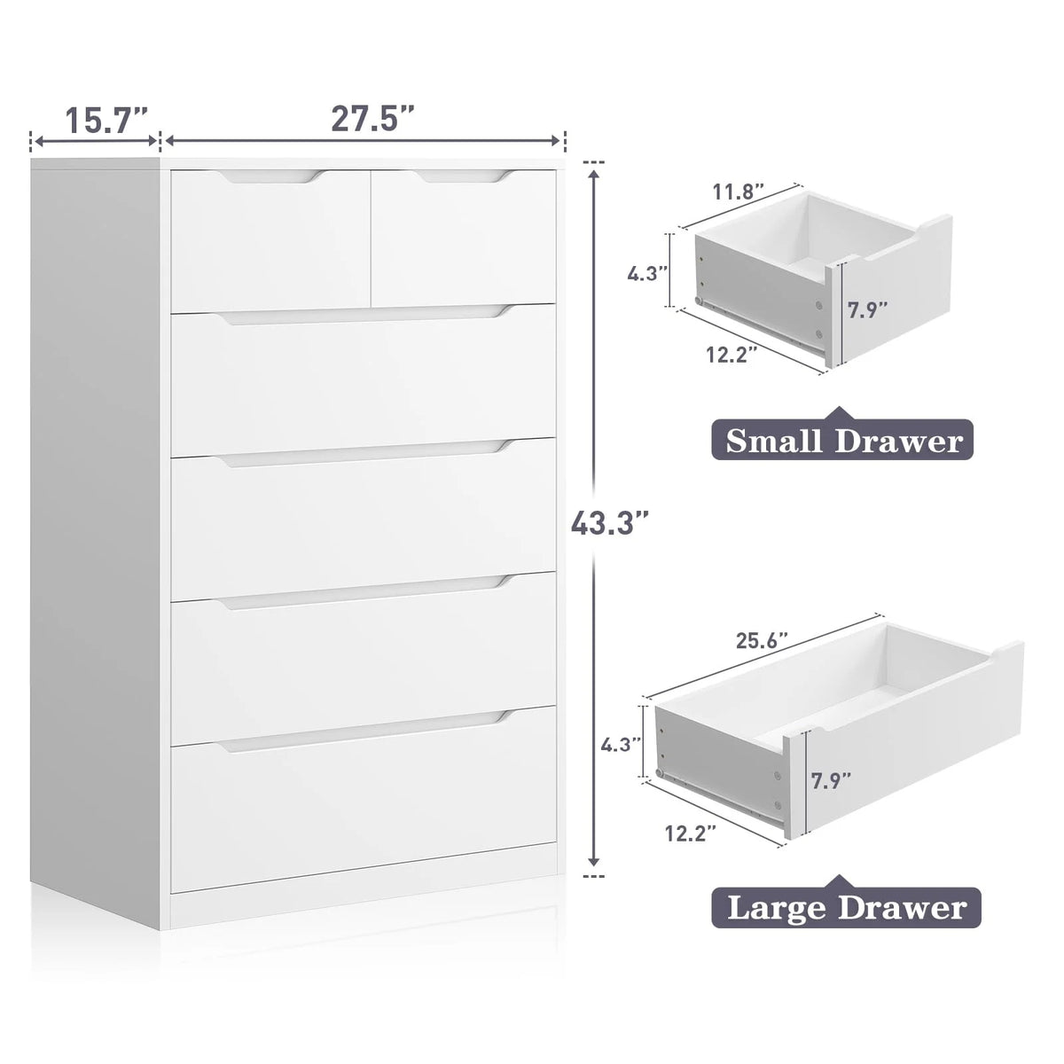 EnHomee White Dresser for Bedroom Wood 6 Drawer Modern Storage Cabinet for Bedroom Living Room Closet, 43.3"Hx 27.5"Lx 15.7"D