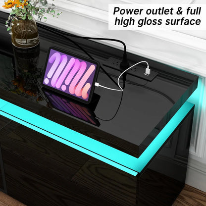Blotout High Gloss LED TV Stand for up to 80" TVs /40" Electric Fireplace, 71" Large Entertainment Center Console Table with Power Charging Station