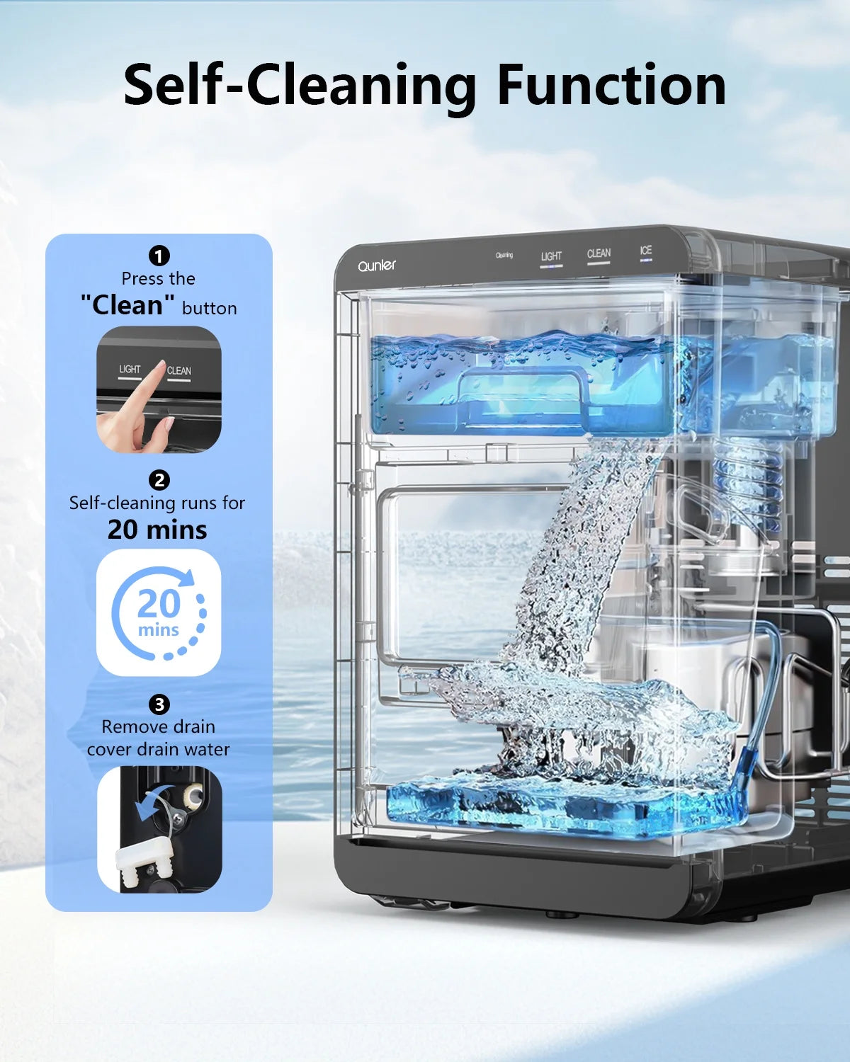 Qunler Nugget Ice Maker Countertop, 44lbs per Day Chewable Pebble Nugget Ice Machine with Touch Screen for Home, Kitchen, Office, Stainless Steel, Black