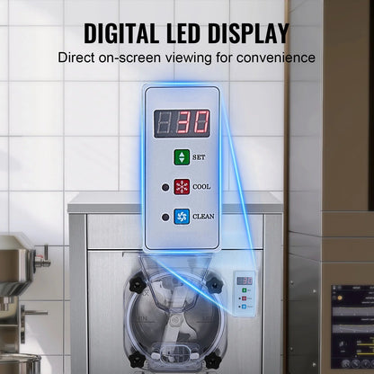 KFFKFF Commercial Ice Cream Machine, 18L/Hour Output, 1780W, Single Flavor, Mobile with Wheels, 6L Stainless Steel Cylinder, LED Screen, Auto Clean & Pre-cool