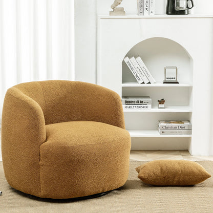 34" Wide Boucle Swivel Barrel Chair, No Assembly Round Upholstered Armchair Accent Chair Single Sofa Chair with Toss Pillow for Living Room and Bedroom, Taupe