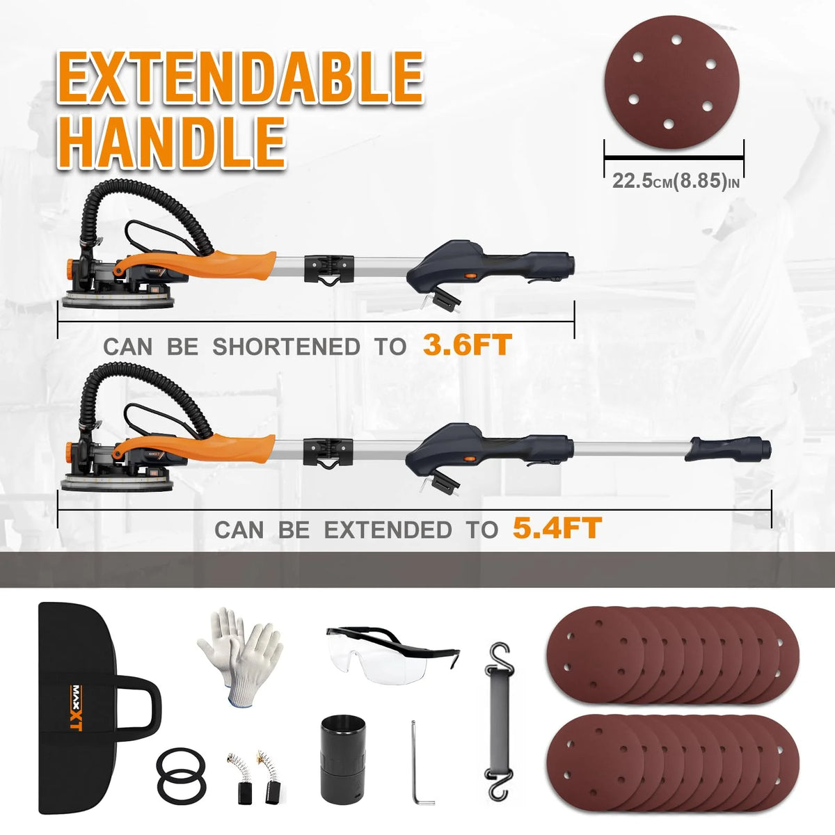POVANLI 780W Electric Drywall Sander with Vacuum Dust Collection, 6.5A Motor Dustless Floor Sander with Variable Speed 900-1800RPM, LED Light, Extendable & Foldable Handle Yellow+Black