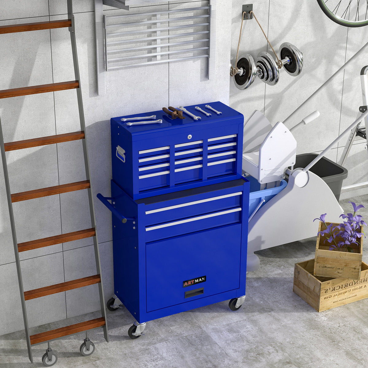 Leuco High Capacity Rolling Tool Chest with Wheels and Drawers, 8-Drawer Tool Storage Cabinet, Heavy-Duty Garage Organizer and Workshop Tool Box, Blue