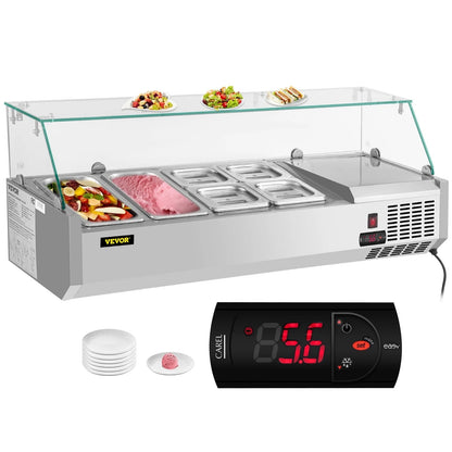 Refrigerated Condiment Prep Station, 48-inch, 10.8Qt Sandwich / Salad Prep Table w/ 3 1/3 Pans & 4 1/6 Pans, 146W Salad Bar w/ 304 Stainless Body Tempered Glass Shield Digital Panel Auto Defrost