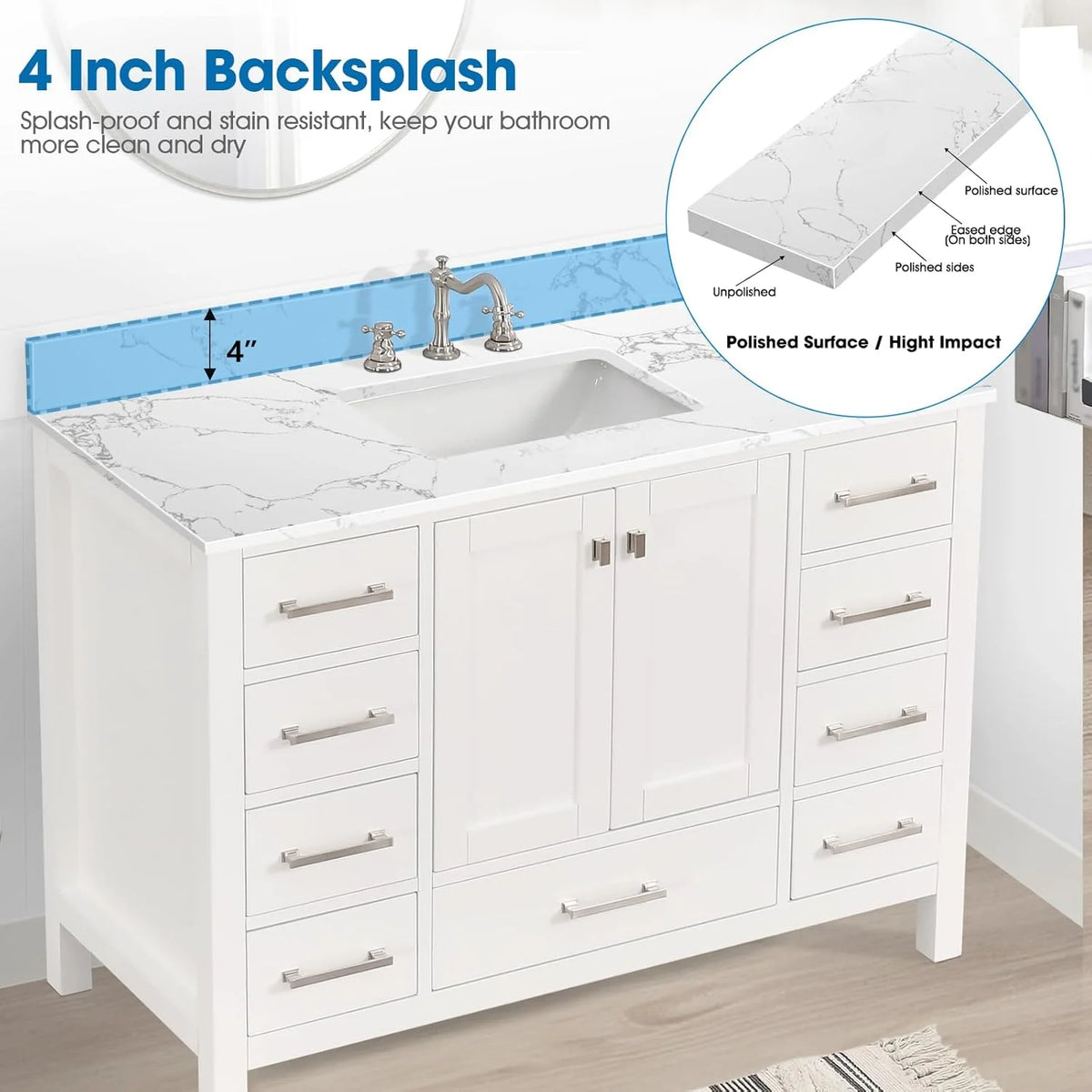 36x22 Engineered Stone Vanity Sink Top, White Bathroom Countertop with Undermount Left Sink, Vanity Top with 8 inch 3 Faucet Hole Spacing and Backsplash