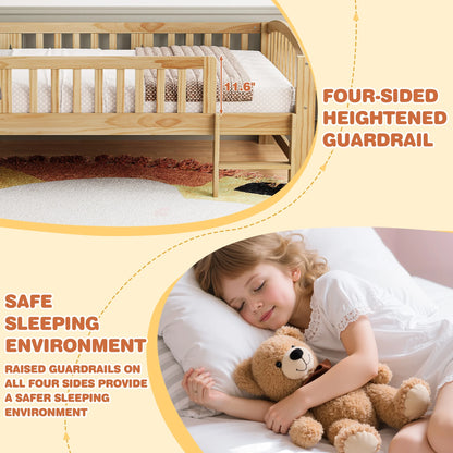SESSLIFE Twin Size Platform Bed, Solid Wood Twin Bed Frame with Slats, Fence Guardrail Ladder, Twin Floor Bed with Strong Legs for Boys Girls, No Box Spring Needed, Holds 400 lbs, White