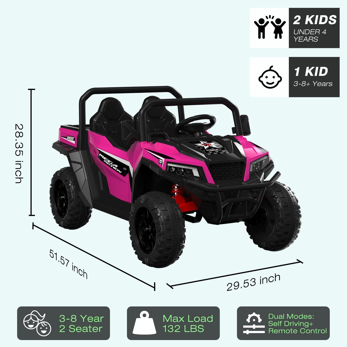 Mega Motion 24V Kids Electric Ride-On UTV Truck with 4WD, Dump Bed, 2 Seats, LED Lights, Music, Remote Control, Shovel, for Boys & Girls