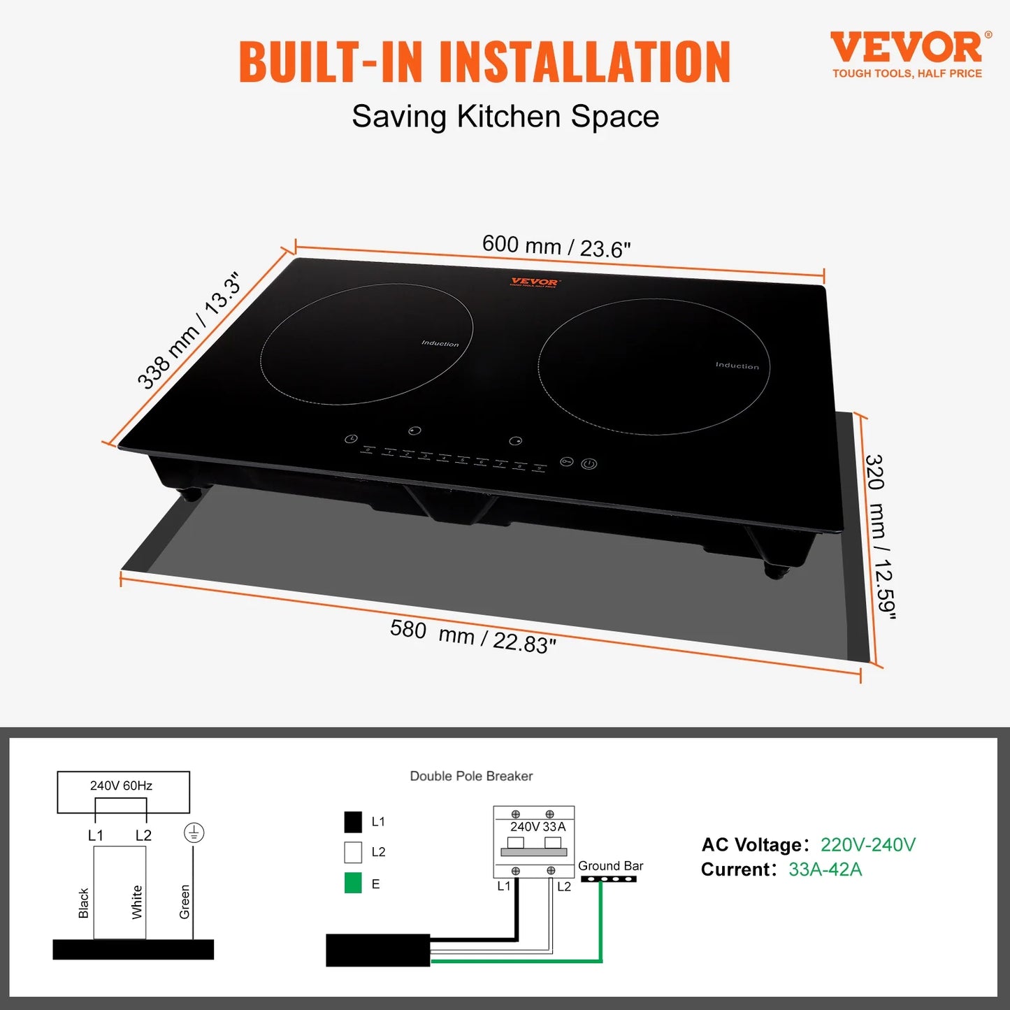 BENTISM 24 inch Electric Cooktop 2 Burners Ceramic Glass Stove Top Touch Control