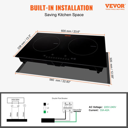 BENTISM 24 inch Electric Cooktop 2 Burners Ceramic Glass Stove Top Touch Control