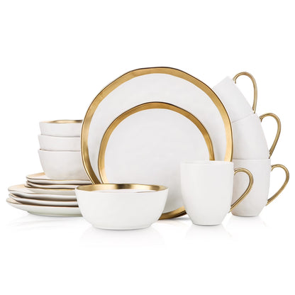 Stone Lain Florian Modern Porcelain Dish Set, 16-Piece Dishes for 4, Gold and Navy