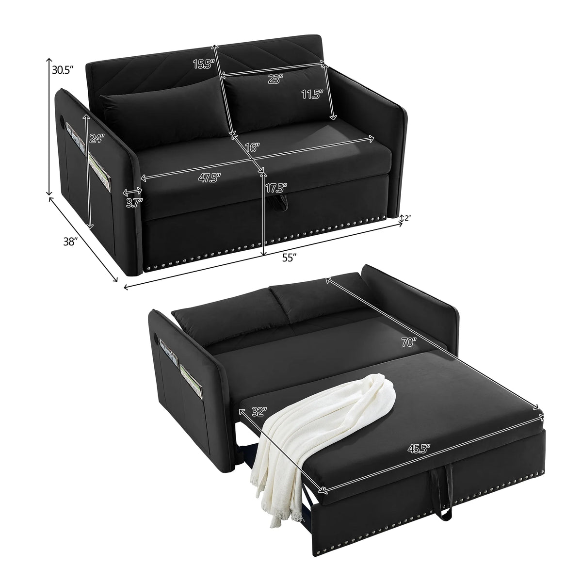 55" Convertible Sleeper Sofa Bed,3 in 1 Convertible Sleeper Loveseat with USB Ports,Modern Velvet Pull Out Sofa Bed with 2 Pillows and Rivet Design for Living Room Furniture,Gray