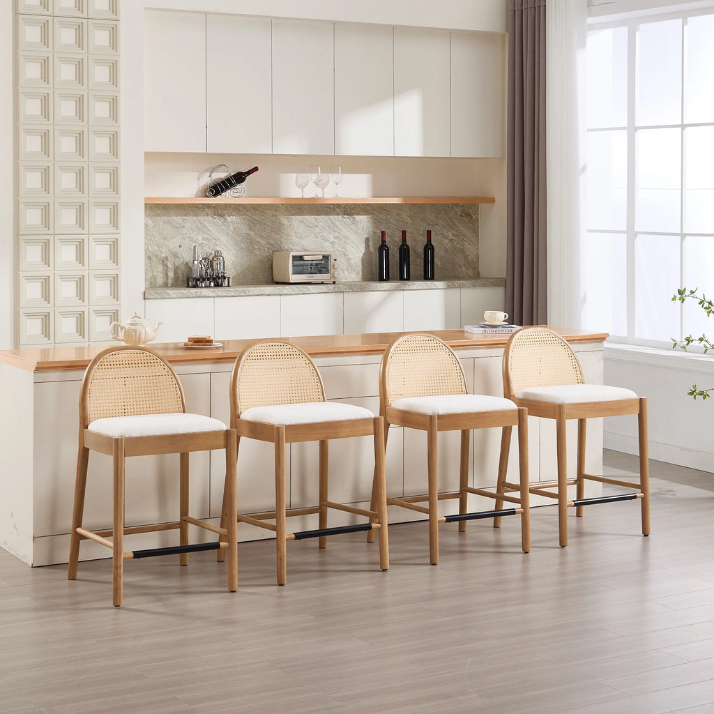 Guyou Modern Bar Stools Set of 2, 26" Counter Height Bar Stools with Natural Rattan Back and Solid Wood Frame, Sherpa Upholstered Kitchen Island Chairs for Bar Island Cafe Kitchen, Black