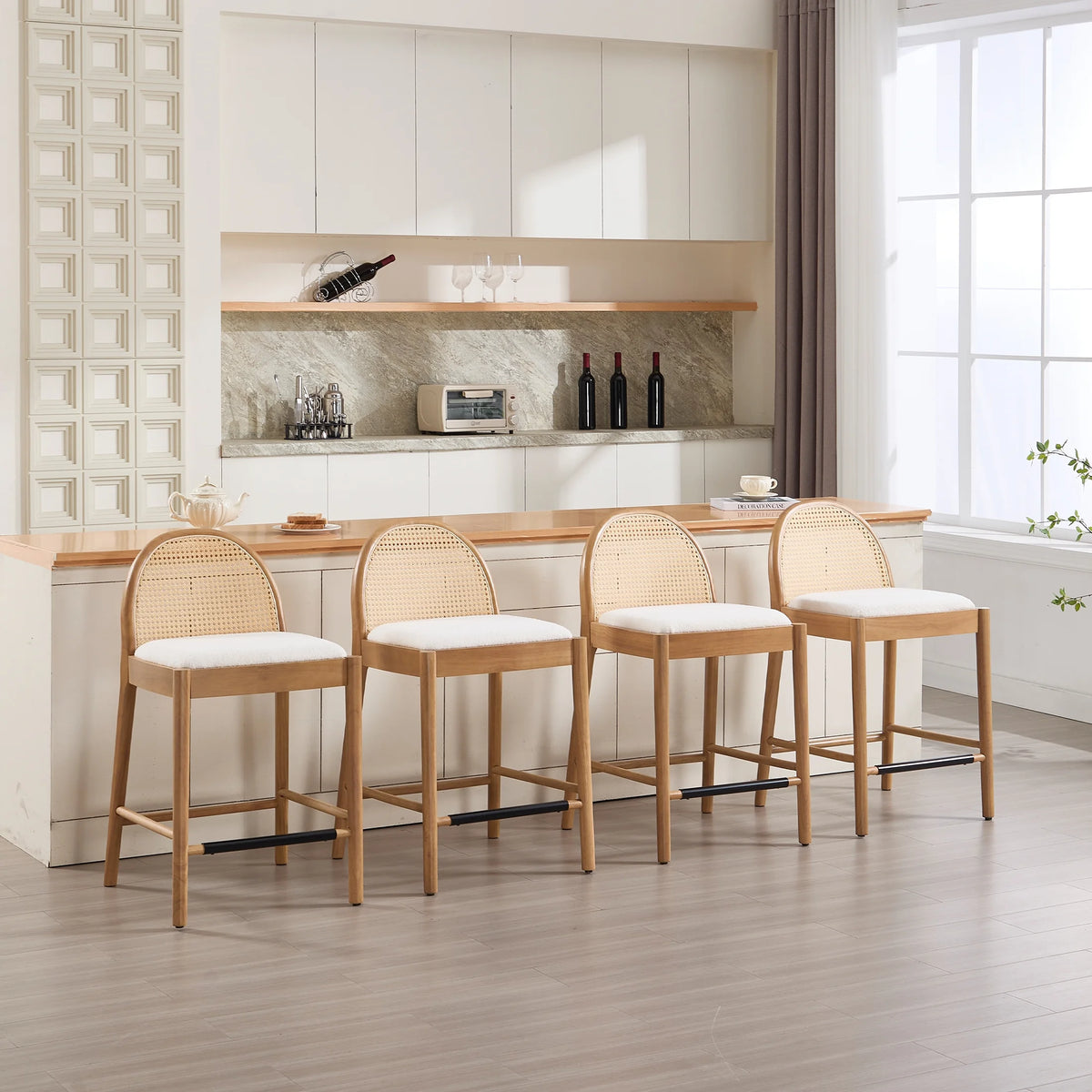 Guyou Modern Bar Stools Set of 2, 26" Counter Height Bar Stools with Natural Rattan Back and Solid Wood Frame, Sherpa Upholstered Kitchen Island Chairs for Bar Island Cafe Kitchen, Black