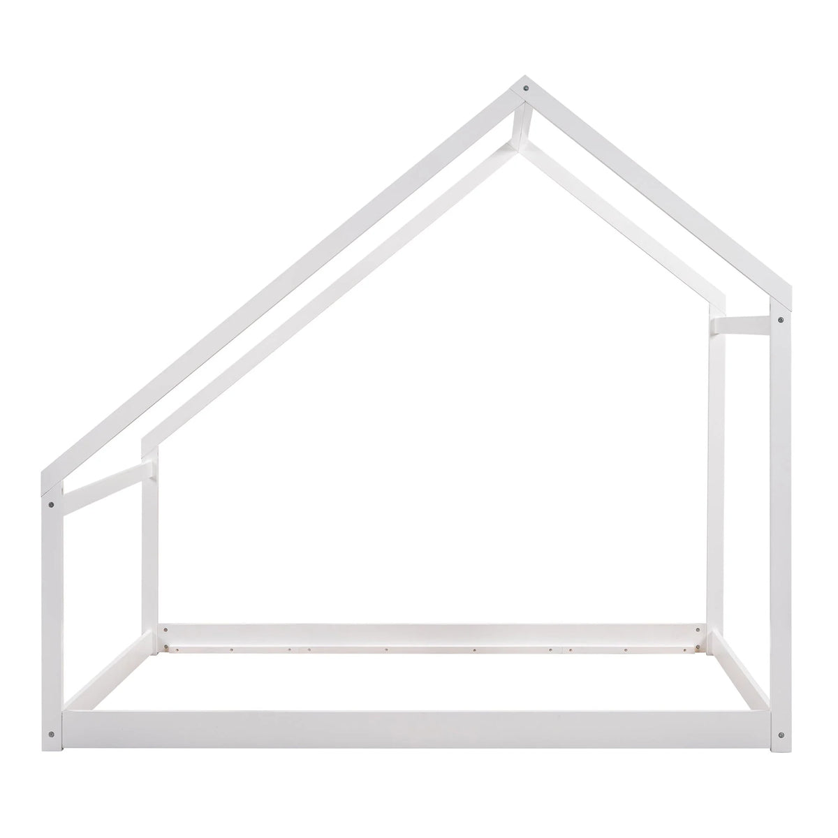 Full Size House Bed, Wooden Floor Bed Frame with Roof for Toddlers Kids Girls Boys, Can be Decorated, White 77.8"L x 56.8"W x73.2"H