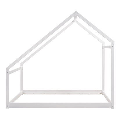 Full Size House Bed, Wooden Floor Bed Frame with Roof for Toddlers Kids Girls Boys, Can be Decorated, White 77.8"L x 56.8"W x73.2"H
