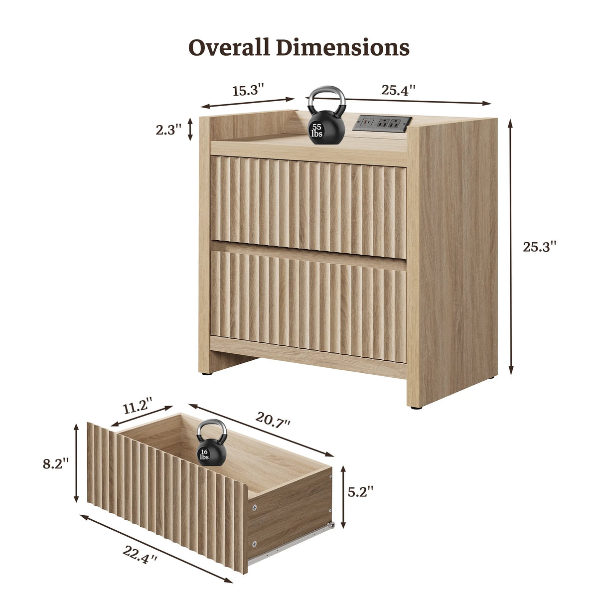 SICOTAS 25.4" Wide Nightstand Set of 2 with Charging Station, Modern Night Stand  with  2 Fluted Dresser & Handle-Less Storage Farmhouse Bed Side Table  for Bedroom, Natural Oak