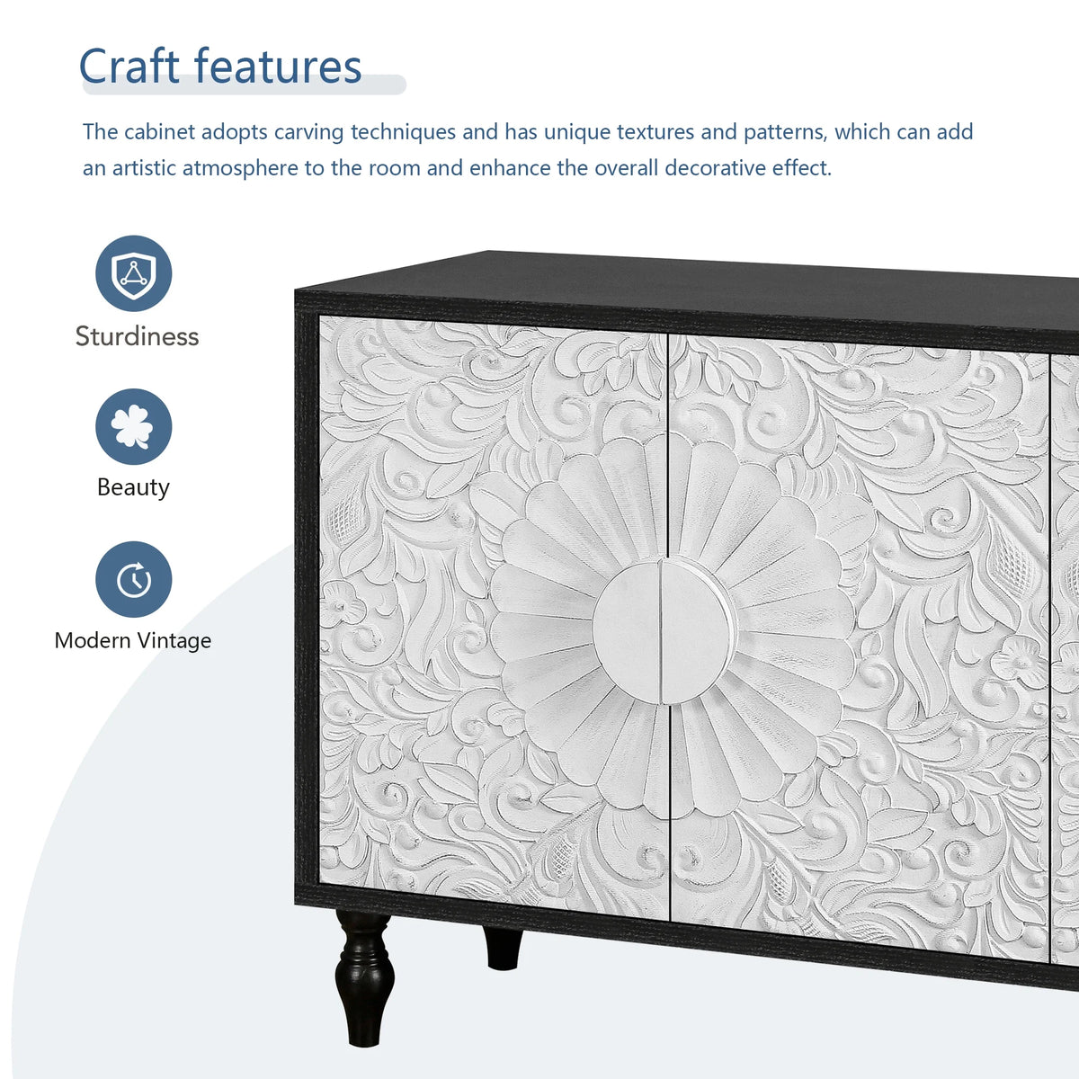 Aukfa 63" Large Accent Storage Cabinet TV Stand with Carved Door for Living Room,Entryway,Natural