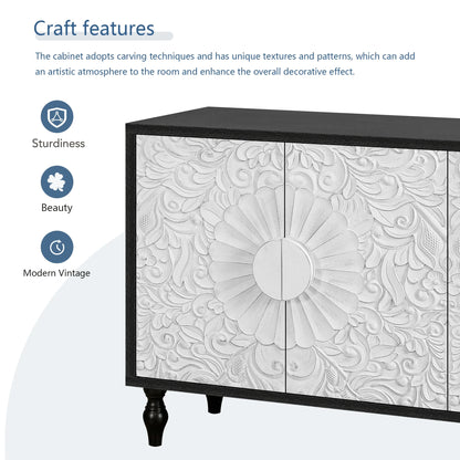 Aukfa 63" Large Accent Storage Cabinet TV Stand with Carved Door for Living Room,Entryway,Natural