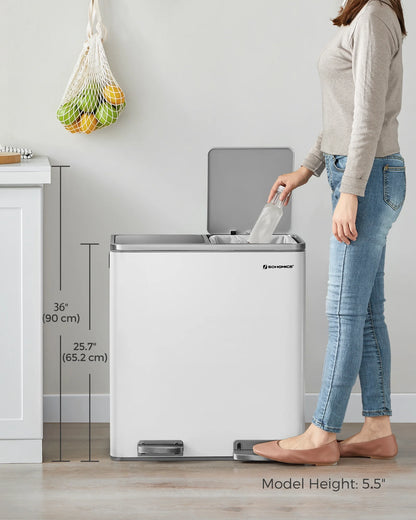 16 Gallon Dual Trash Can, Rubbish Bin and 15 Trash Bags, Metal, Almond Color
