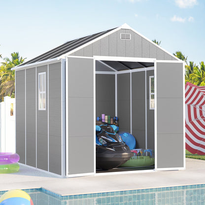 Outdoor Shed & Storage, Seizeen All-Weather Plastic Sheds 82'' H, Sloped Top Garden Shed with Window, Heavy-Duty Resin Outdoor Storage W/Floor, Gray