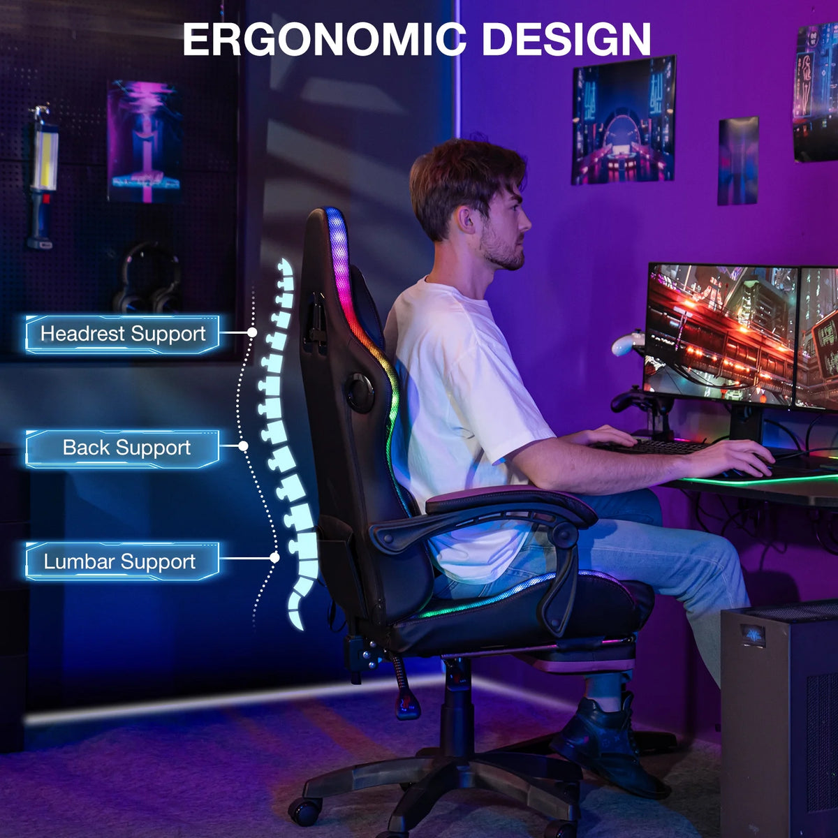 HOFFREE Big and Tall Gaming Chair with Speakers and RGB Lights, Gamer Chair with Footrest, Lumbar Support Height Adjustable 360-Swivel Seat and Headrest for Adults, 400lbs