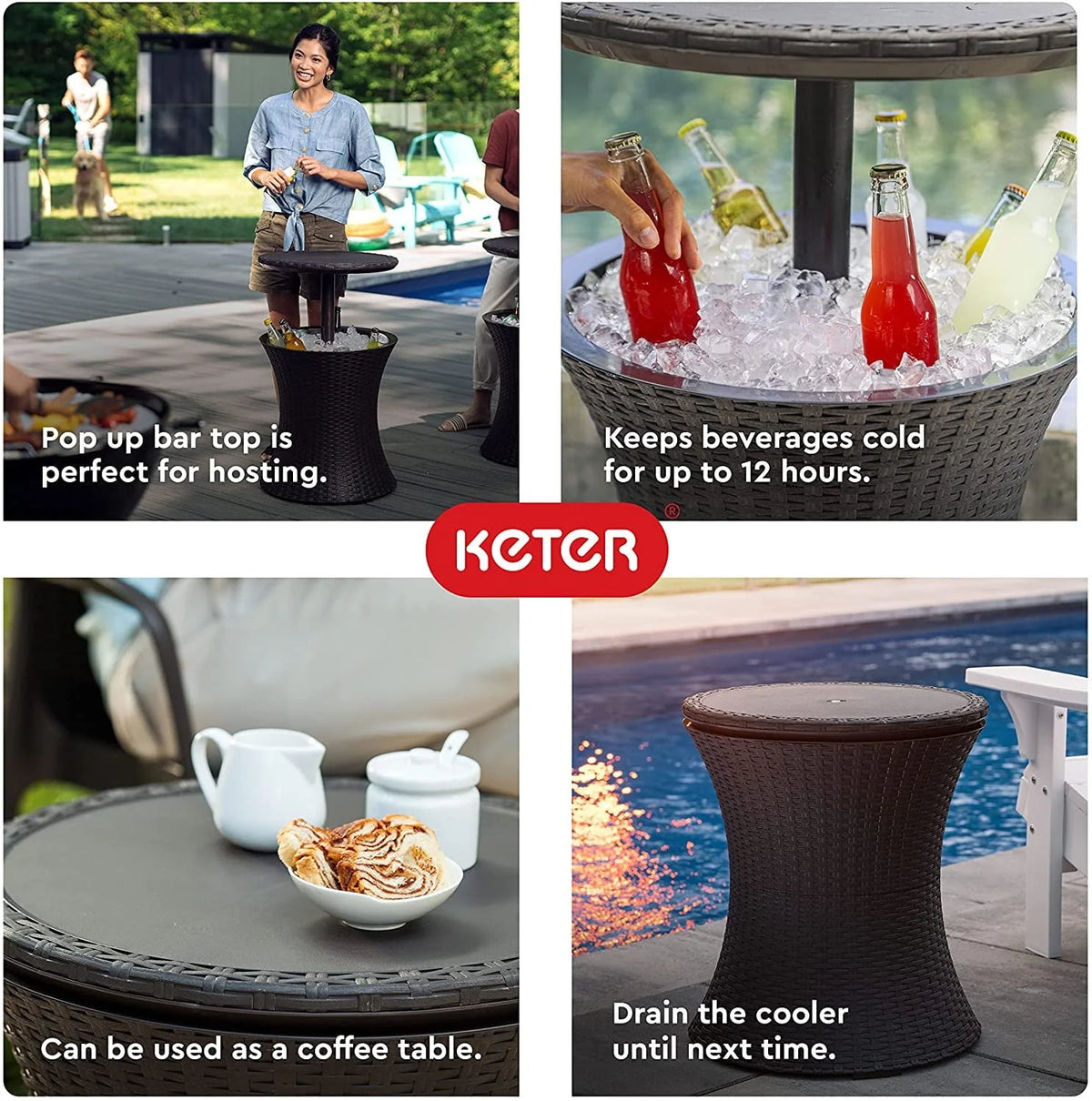 Keter Pacific 7.5 Gallon Cool Bar , Resin Outdoor Patio Beverage Cooler Table, Extra Storage, Rattan Look Brown