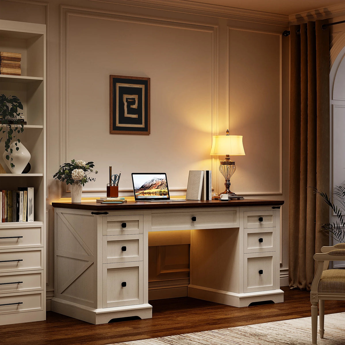 EnHomee Farmhouse Desk with Drawers, Wood Home Office Desk with Charging Station, Antique White
