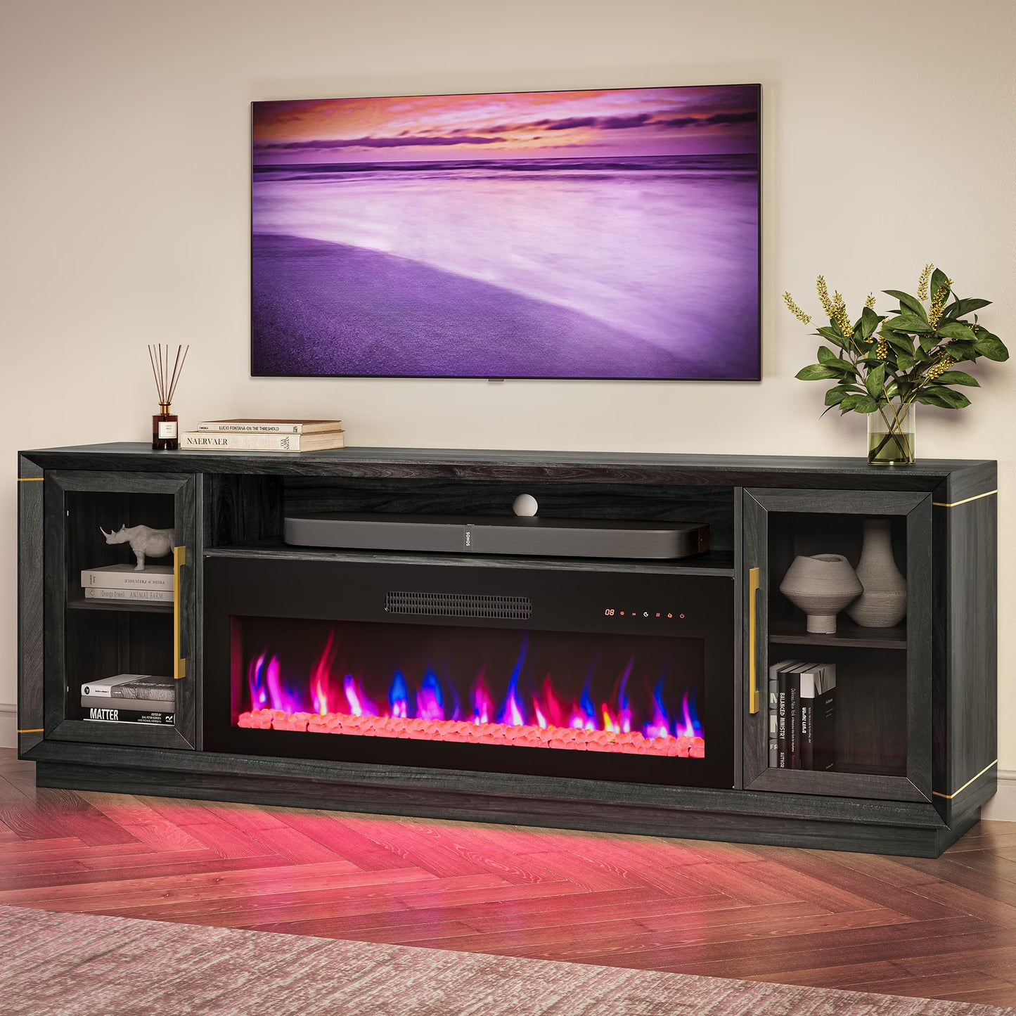 BELLEZE Fireplace TV Stand for TVs Up To 75", Entertainment Center with 36" Electric Fireplace, LED Ambient Lighting, and Storage, Media Console Table 69 Inch - Avenue (Black)