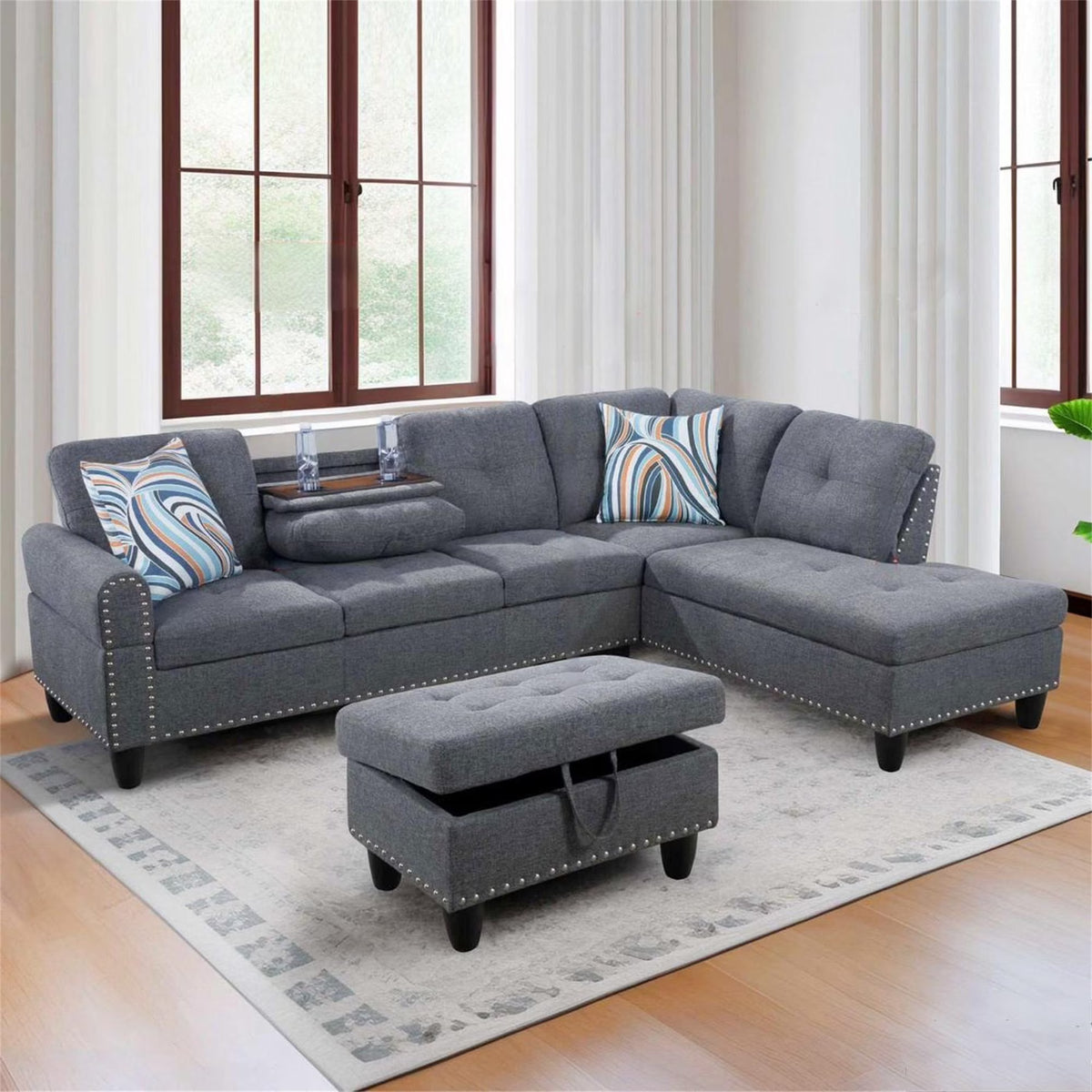Aukfa 3 Piece Sectional Sofa, Living Room Couch with Storage Ottoman&Cup Holder, Linen, Right Hand, Purple