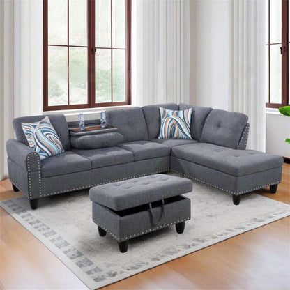 Aukfa 3 Piece Sectional Sofa, Living Room Couch with Storage Ottoman&Cup Holder, Linen, Right Hand, Purple