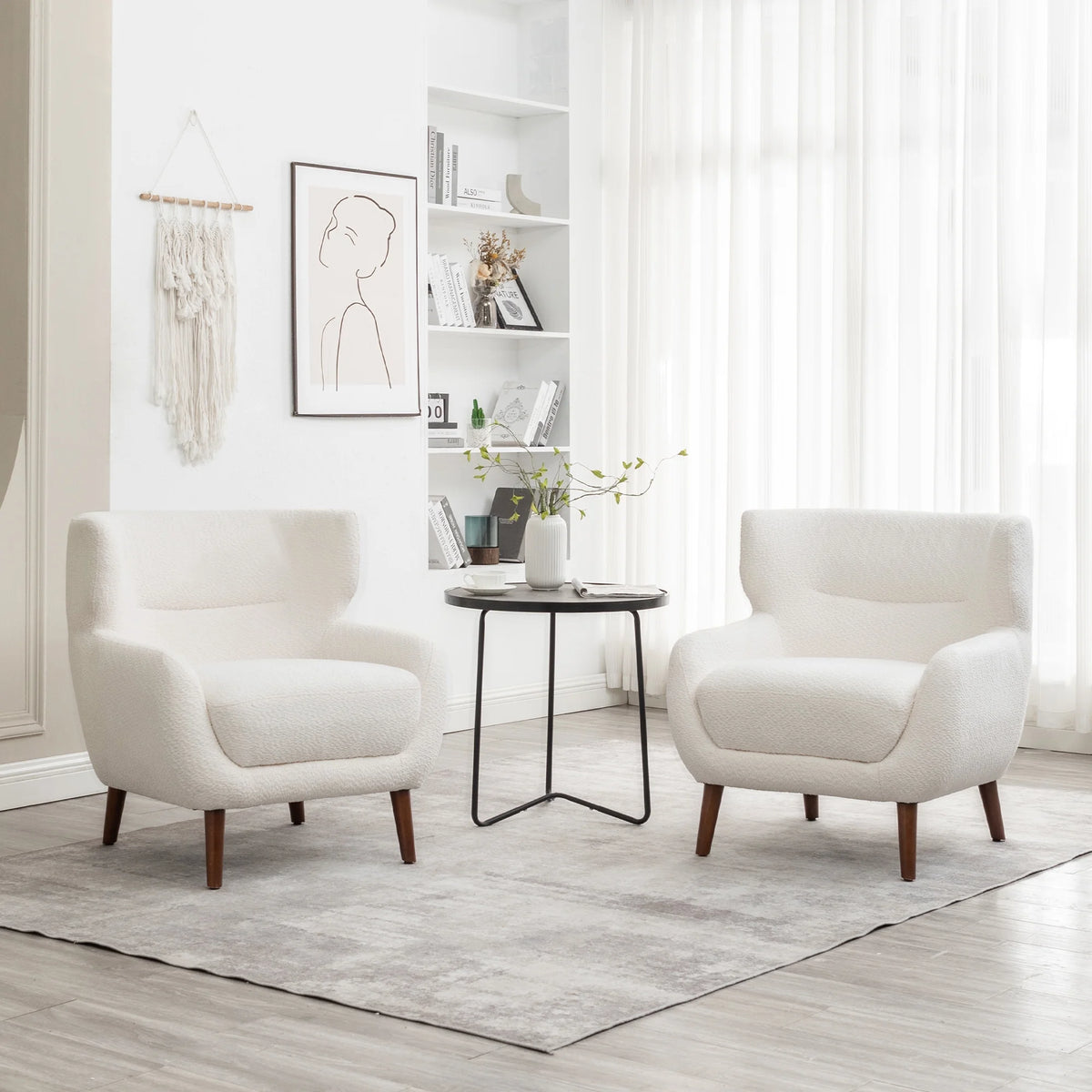 ALEAVIC White Accent Chair Upholstered Armchair with Solid Wood Legs