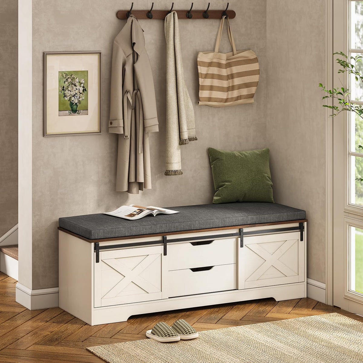 Farmhouse Storage Bench with Cushion, 31.4in Shoe Cabinet with Metal Barn Door and Half Hidden Storage Space for Entryway, Bedroom, Living Room, Old White