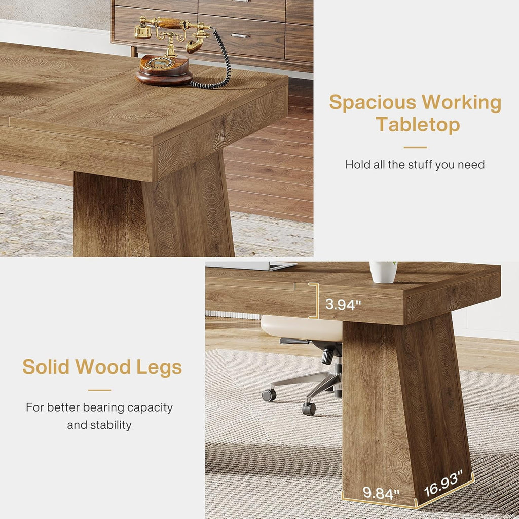 Tribesigns 55 Inches Executive Desk, Mid-Century Modern Home Office Desk with Double Trapezoid Base
