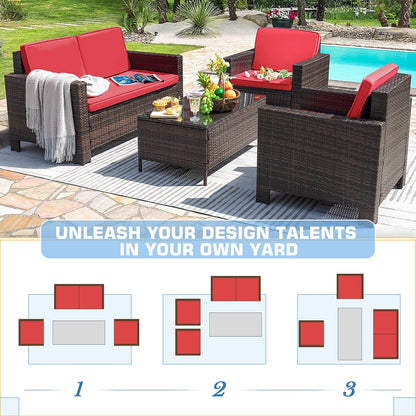 Lacoo 4 Pieces Patio Furniture Sets Rattan Chair Wicker Conversation Sofa Set Outdoor Tble and Chairs for Backyard Porch Garden Poolside Balcony, White
