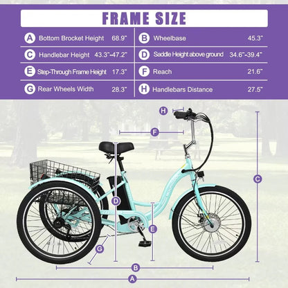 Docred 24" Electric Tricycle for Adults & Seniors,7 Speed 3 Wheel E-Bike with Large Basket/Low-Step Through Frame ,350W Motor 36V/10.4AH lithium bettery, 15.5MPH