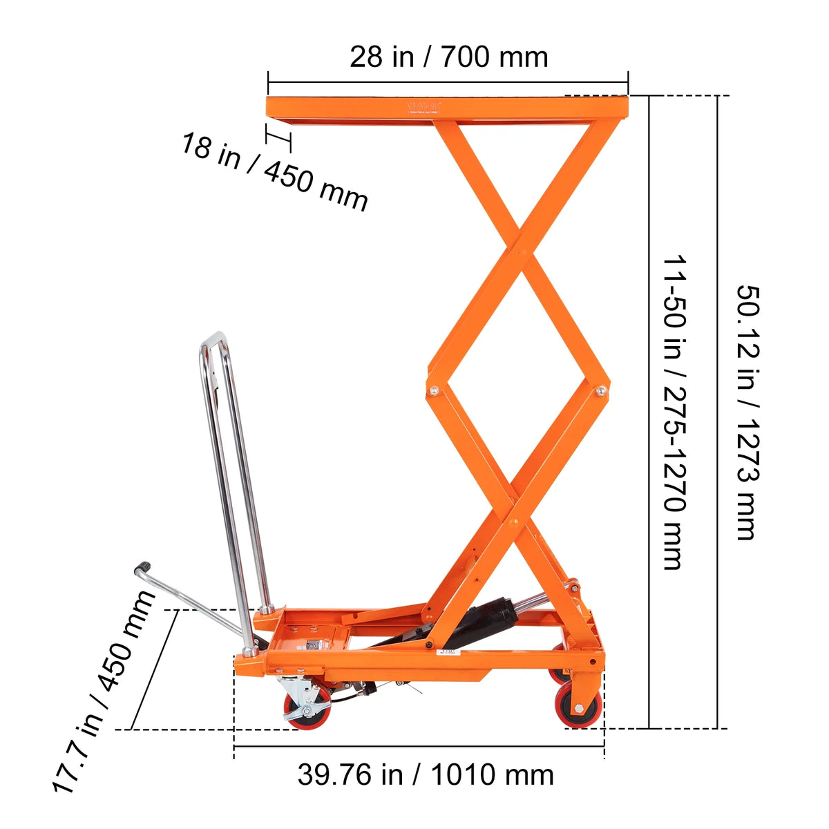 VEVOR Hydraulic Lift Table Cart, 330lbs Capacity 50" Lifting Height, Manual Double Scissor Lift Table with 4 Wheels and Non-slip Pad, Hydraulic Scissor Cart for Material Handling and Transportation