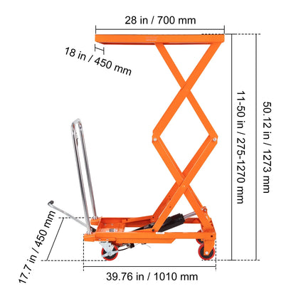 VEVOR Hydraulic Lift Table Cart, 330lbs Capacity 50" Lifting Height, Manual Double Scissor Lift Table with 4 Wheels and Non-slip Pad, Hydraulic Scissor Cart for Material Handling and Transportation