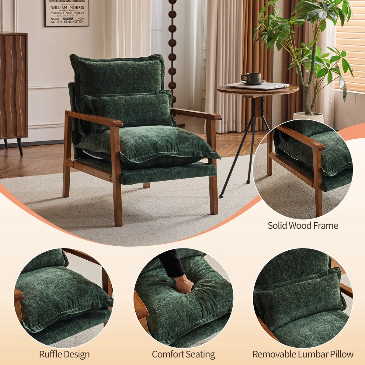 Ktaxon Chenille Accent Chair, Solid Wood Armrests Armchair, Metal Frame for Stability, Single Sofa with Comfortable Cushions and Lumbar Pillow Beige