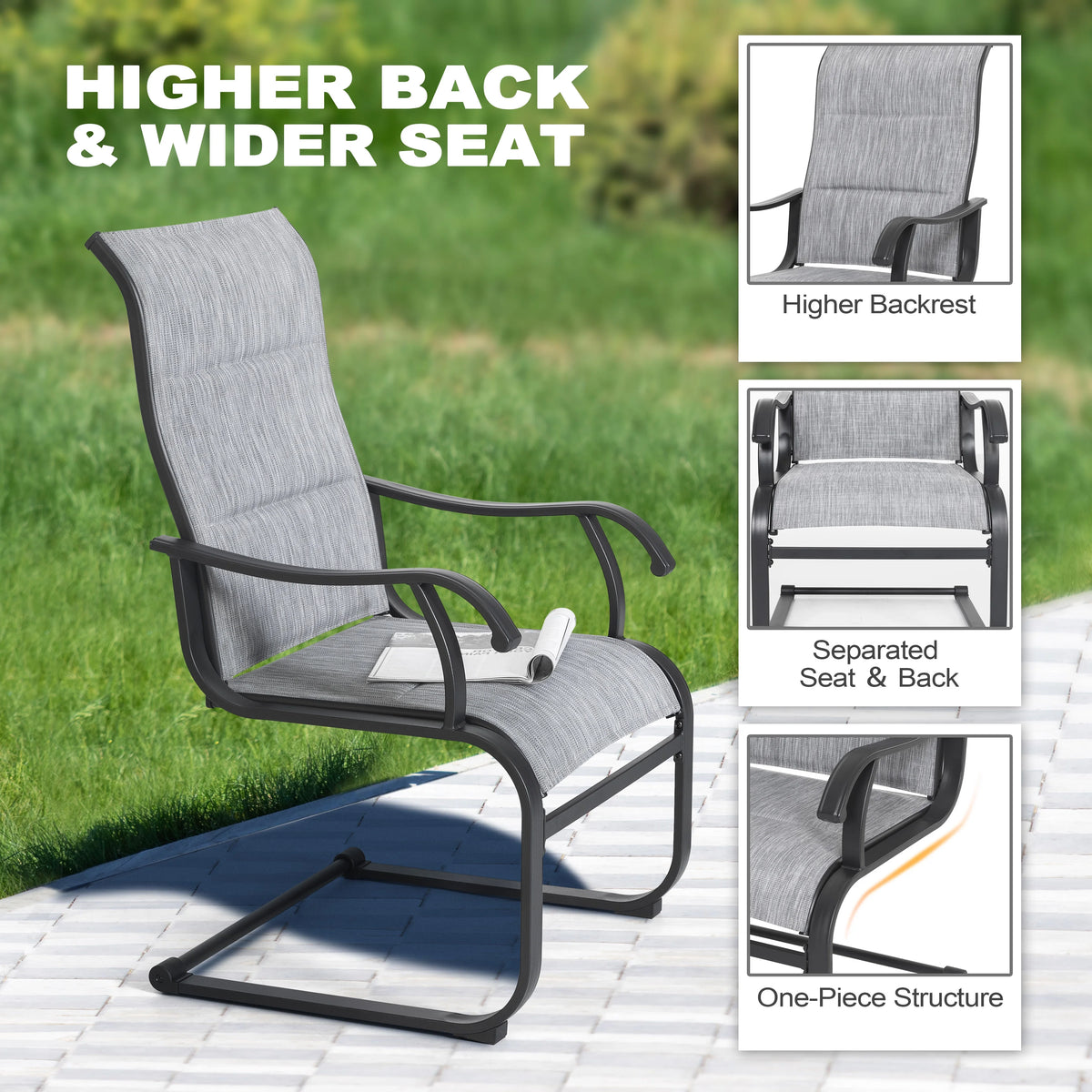 Nuu Garden 7 Piece Outdoor Dining Set, Outdoor Padded Textilene Patio Chairs and 61'' Rectangular Dining Table with Umbrella Hole, Grey & Black
