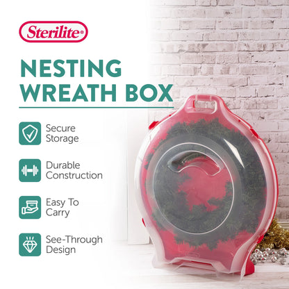Sterilite Clear Nesting Storage Christmas Holiday Wreath Box, Red (4 Pack)