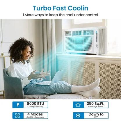 Air Conditioner, 8000 BTU Turbo Fast Cooling AC Unit Remote/App Control, Flexible Window Opening(T Design Install Kit), 24H Timer, Washable Filter,White