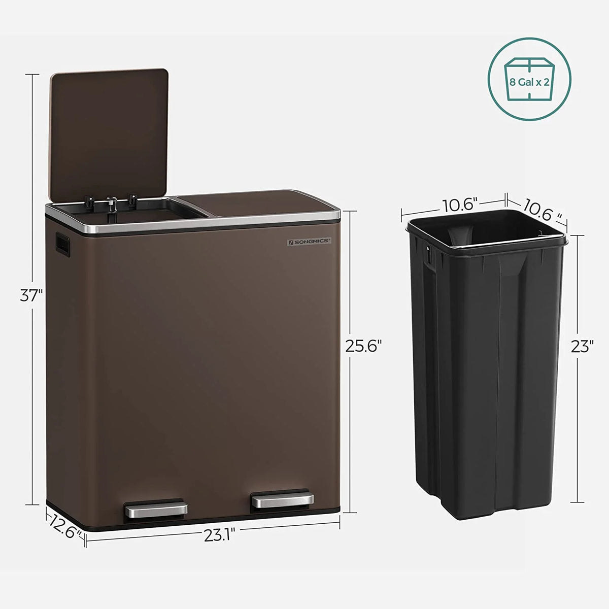 16 Gallon Dual Trash Can, Rubbish Bin and 15 Trash Bags, Metal, Almond Color