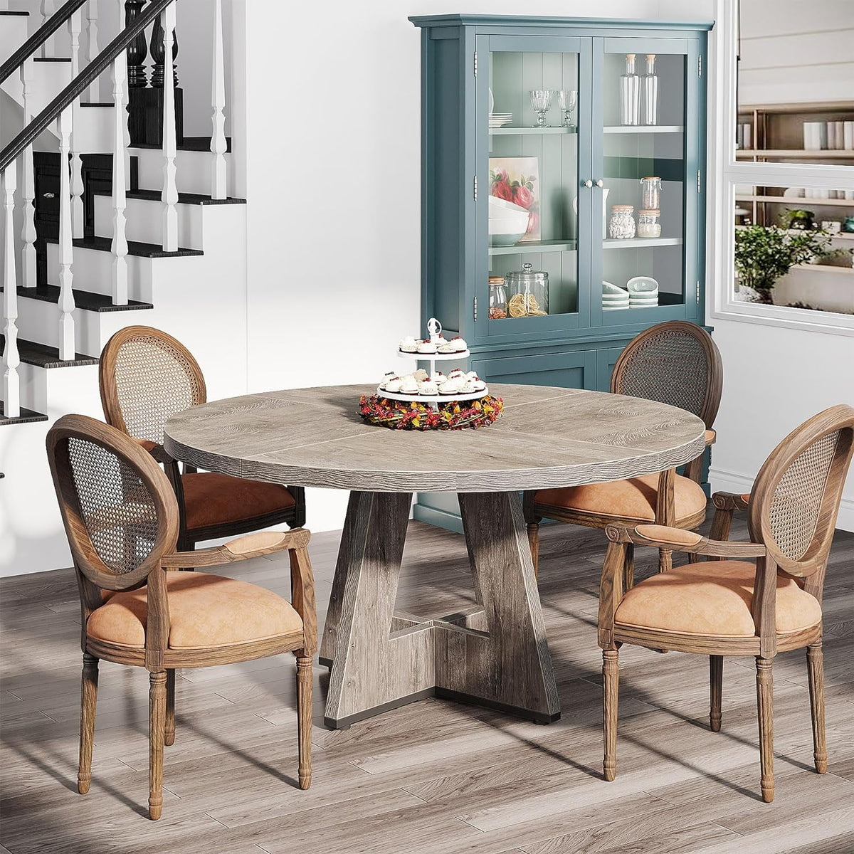 Tribesigns Round Dining Table for 4, Grey Kitchen Table 47 Inch Farmhouse Wood Kitchen Dinning Table for Kitchen Living Room